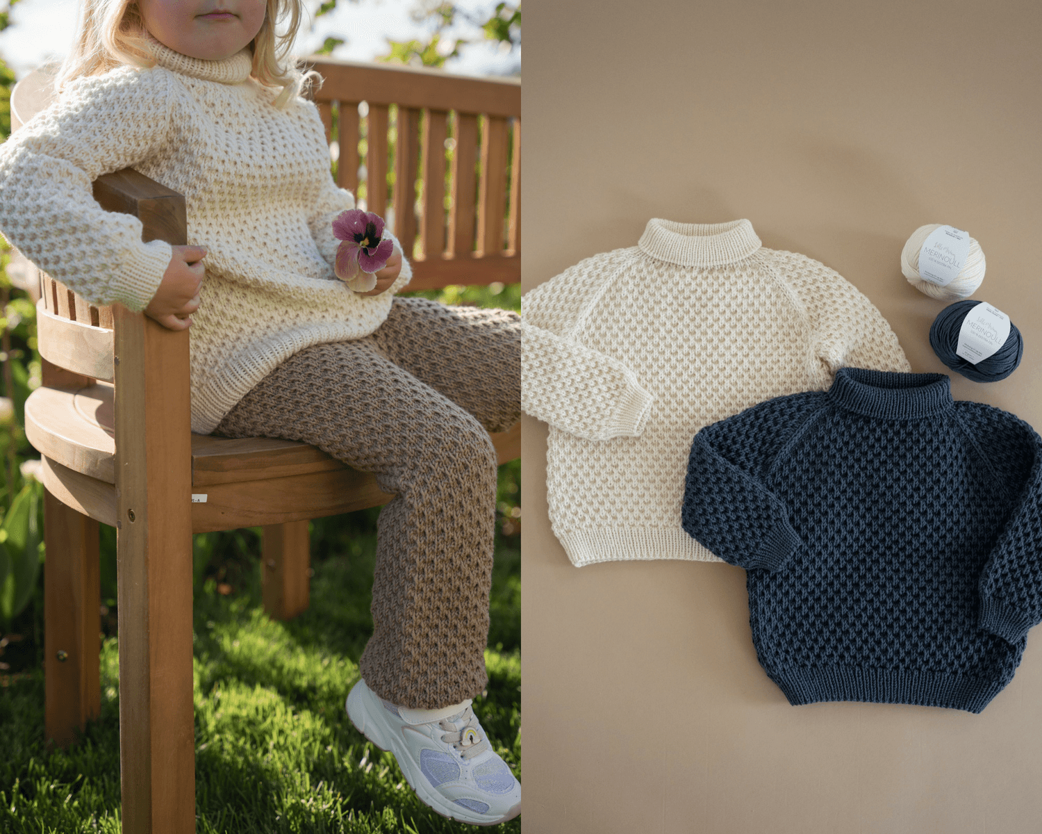 Strikket i LilleMiriam Merinould i farverne Perlehvid, Pampas og Mørk Linblå🧶